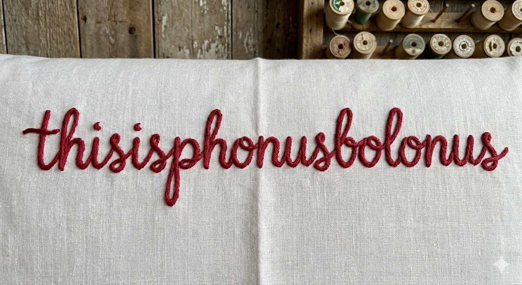 thisisphonusbolonus embroidered on burlap